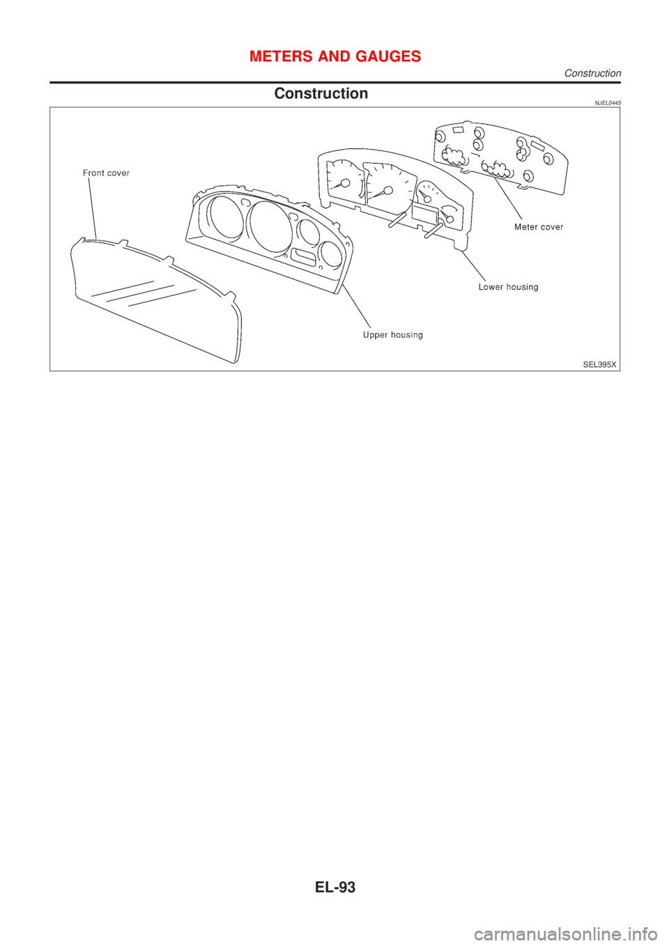 NISSAN ALMERA N16 2001  Electronic Repair Manual ConstructionNJEL0445
SEL395X
METERS AND GAUGES
Construction
EL-93 
