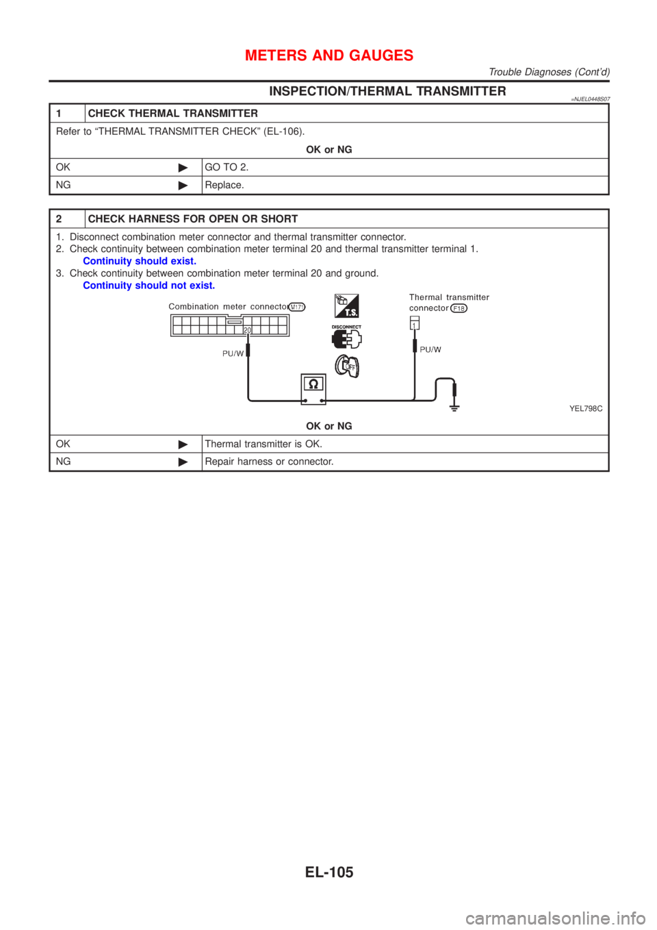 NISSAN ALMERA N16 2001  Electronic Repair Manual INSPECTION/THERMAL TRANSMITTER=NJEL0448S07
1 CHECK THERMAL TRANSMITTER
Refer to ªTHERMAL TRANSMITTER CHECKº (EL-106).
OK or NG
OK©GO TO 2.
NG©Replace.
2 CHECK HARNESS FOR OPEN OR SHORT
1. Disconne