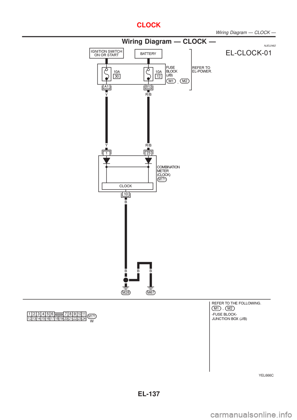 NISSAN ALMERA N16 2001  Electronic Repair Manual Wiring Diagram Ð CLOCK ÐNJEL0462
YEL666C
CLOCK
Wiring Diagram Ð CLOCK Ð
EL-137 