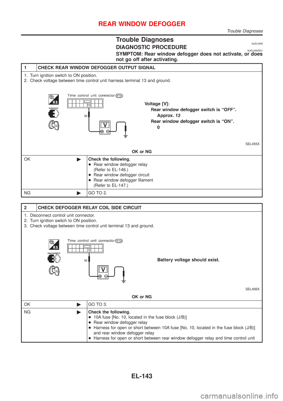 NISSAN ALMERA N16 2001 Electronic Repair Manual Trouble DiagnosesNJEL0465DIAGNOSTIC PROCEDURENJEL0465S01SYMPTOM: Rear window defogger does not activate, or does
not go off after activating.
1 CHECK REAR WINDOW DEFOGGER OUTPUT SIGNAL
1. Turn ignitio NISSAN ALMERA N16 2001 Electronic Repair Manual Trouble DiagnosesNJEL0465DIAGNOSTIC PROCEDURENJEL0465S01SYMPTOM: Rear window defogger does not activate, or does
not go off after activating.
1 CHECK REAR WINDOW DEFOGGER OUTPUT SIGNAL
1. Turn ignitio