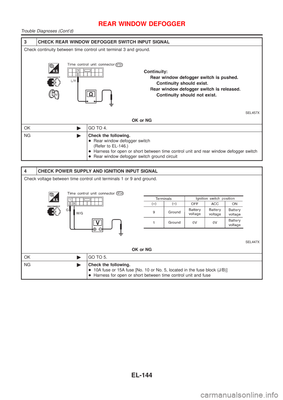 NISSAN ALMERA N16 2001  Electronic Repair Manual 3 CHECK REAR WINDOW DEFOGGER SWITCH INPUT SIGNAL
Check continuity between time control unit terminal 3 and ground.
SEL457X
OK or NG
OK©GO TO 4.
NG©Check the following.
+Rear window defogger switch
(