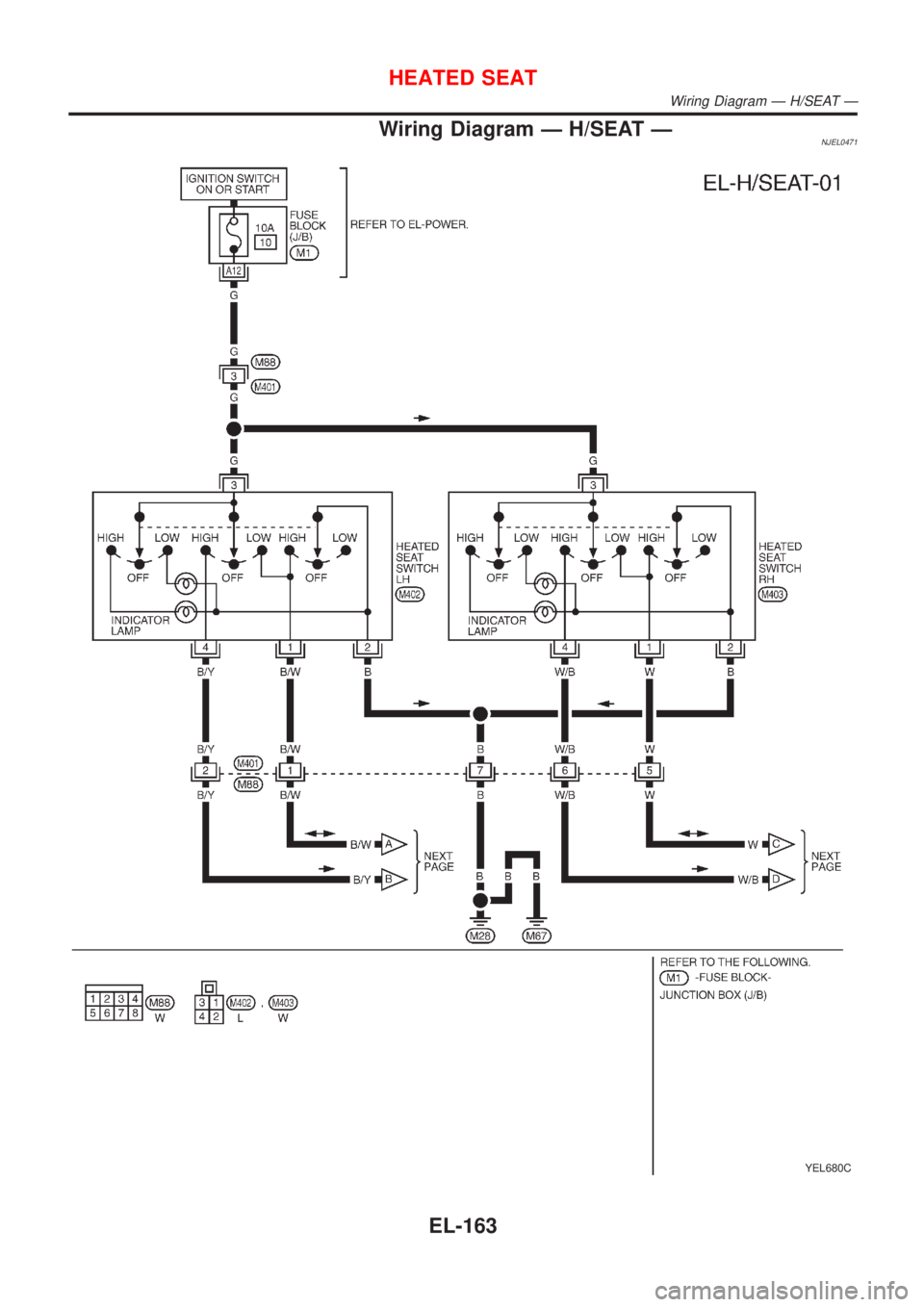 NISSAN ALMERA N16 2001  Electronic Repair Manual Wiring Diagram Ð H/SEAT ÐNJEL0471
YEL680C
HEATED SEAT
Wiring Diagram Ð H/SEAT Ð
EL-163 