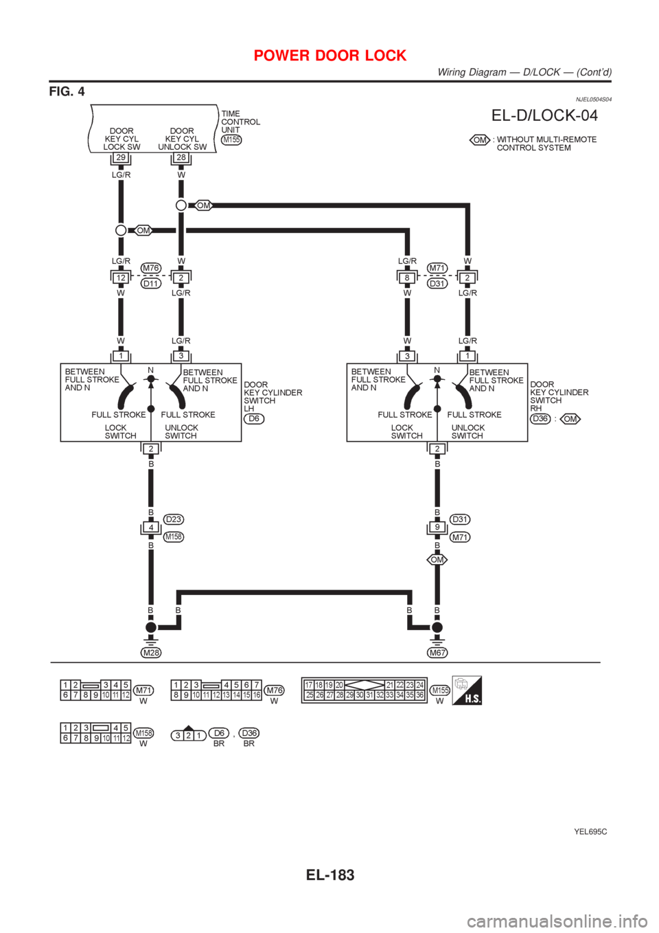 NISSAN ALMERA N16 2001 Electronic Repair Manual FIG. 4NJEL0504S04
YEL695C
POWER DOOR LOCK
Wiring Diagram Ð D/LOCK Ð (Contd)
EL-183 NISSAN ALMERA N16 2001 Electronic Repair Manual FIG. 4NJEL0504S04
YEL695C
POWER DOOR LOCK
Wiring Diagram Ð D/LOCK Ð (Contd)
EL-183