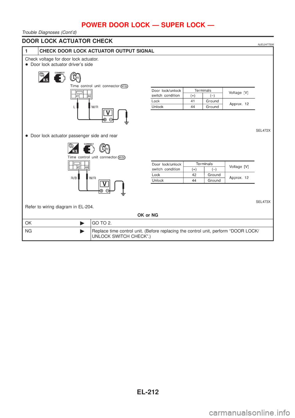 NISSAN ALMERA N16 2001  Electronic Repair Manual DOOR LOCK ACTUATOR CHECKNJEL0477S06
1 CHECK DOOR LOCK ACTUATOR OUTPUT SIGNAL
Check voltage for door lock actuator.
+Door lock actuator drivers side
SEL472X
+Door lock actuator passenger side and rear