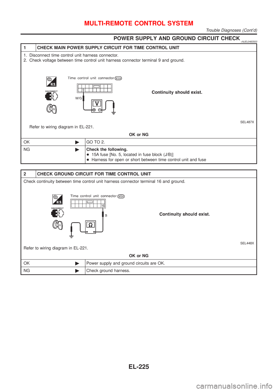 NISSAN ALMERA N16 2001  Electronic Repair Manual POWER SUPPLY AND GROUND CIRCUIT CHECK=NJEL0482S03
1 CHECK MAIN POWER SUPPLY CIRCUIT FOR TIME CONTROL UNIT
1. Disconnect time control unit harness connector.
2. Check voltage between time control unit 