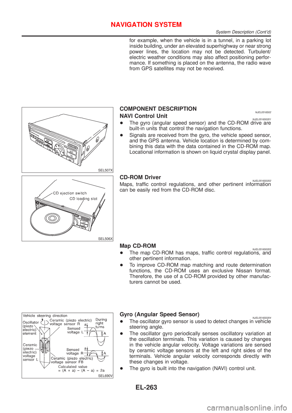 NISSAN ALMERA N16 2001 Electronic Repair Manual for example, when the vehicle is in a tunnel, in a parking lot
inside building, under an elevated superhighway or near strong
power lines, the location may not be detected. Turbulent/
electric weather NISSAN ALMERA N16 2001 Electronic Repair Manual for example, when the vehicle is in a tunnel, in a parking lot
inside building, under an elevated superhighway or near strong
power lines, the location may not be detected. Turbulent/
electric weather