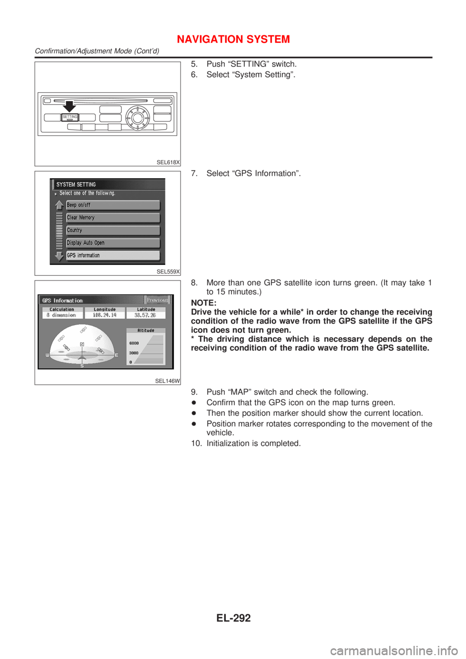 NISSAN ALMERA N16 2001 Electronic Repair Manual SETTING
SEL618X
5. Push ªSETTINGº switch.
6. Select ªSystem Settingº.
SEL559X
7. Select ªGPS Informationº.
SEL146W
8. More than one GPS satellite icon turns green. (It may take 1
to 15 minutes.) NISSAN ALMERA N16 2001 Electronic Repair Manual SETTING
SEL618X
5. Push ªSETTINGº switch.
6. Select ªSystem Settingº.
SEL559X
7. Select ªGPS Informationº.
SEL146W
8. More than one GPS satellite icon turns green. (It may take 1
to 15 minutes.)