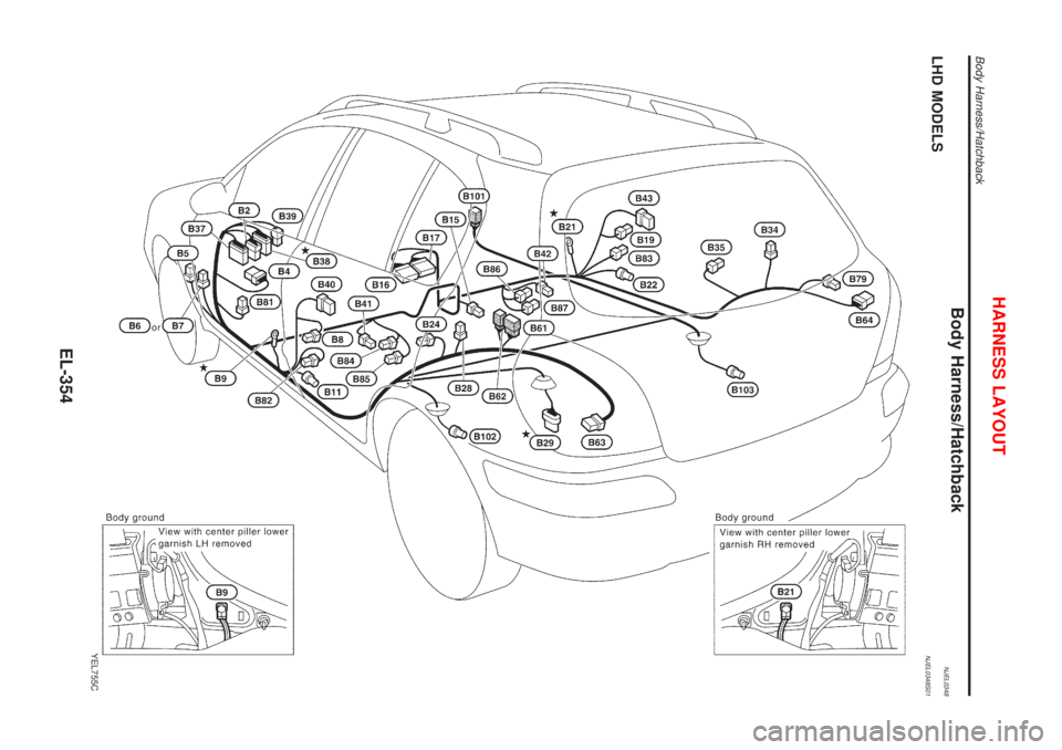 NISSAN ALMERA N16 2001  Electronic Repair Manual Body Harness/HatchbackNJEL0348LHD MODELSNJEL0348S01
YEL755C
HARNESS LAYOUT
Body Harness/Hatchback
EL-354 