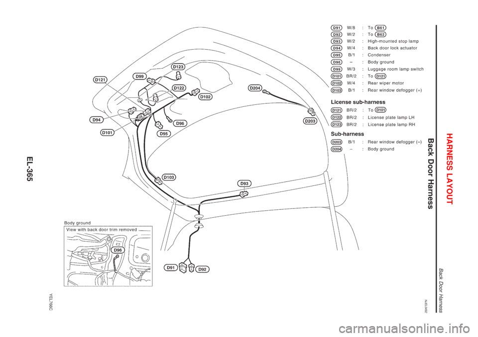 NISSAN ALMERA N16 2001  Electronic Repair Manual Back Door HarnessNJEL0492
YEL766C
HARNESS LAYOUT
Back Door Harness
EL-365 