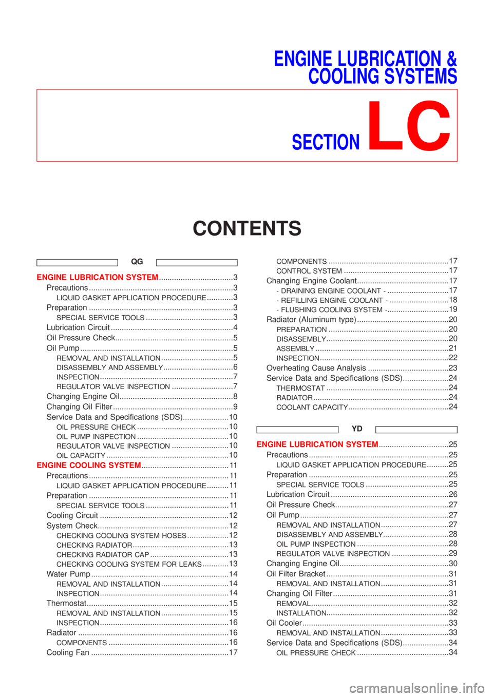 NISSAN ALMERA N16 2001 Electronic Repair Manual ENGINE LUBRICATION &
COOLING SYSTEMS
SECTION
LC
CONTENTS
QG
ENGINE LUBRICATION SYSTEM..................................3
Precautions ..................................................................3 NISSAN ALMERA N16 2001 Electronic Repair Manual ENGINE LUBRICATION &
COOLING SYSTEMS
SECTION
LC
CONTENTS
QG
ENGINE LUBRICATION SYSTEM..................................3
Precautions ..................................................................3