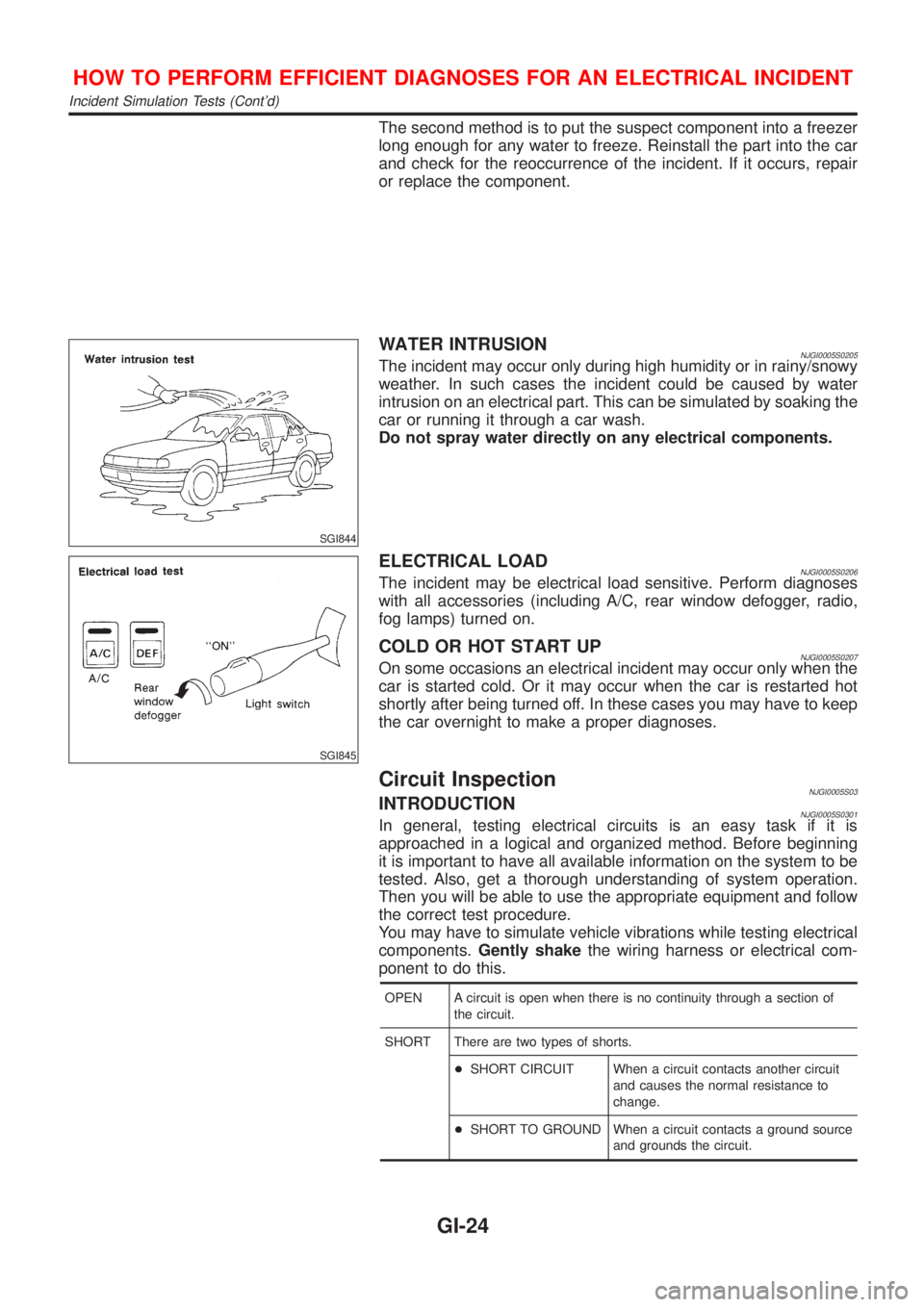 NISSAN ALMERA N16 2001 Electronic Owners Manual The second method is to put the suspect component into a freezer
long enough for any water to freeze. Reinstall the part into the car
and check for the reoccurrence of the incident. If it occurs, repa NISSAN ALMERA N16 2001 Electronic Owners Manual The second method is to put the suspect component into a freezer
long enough for any water to freeze. Reinstall the part into the car
and check for the reoccurrence of the incident. If it occurs, repa