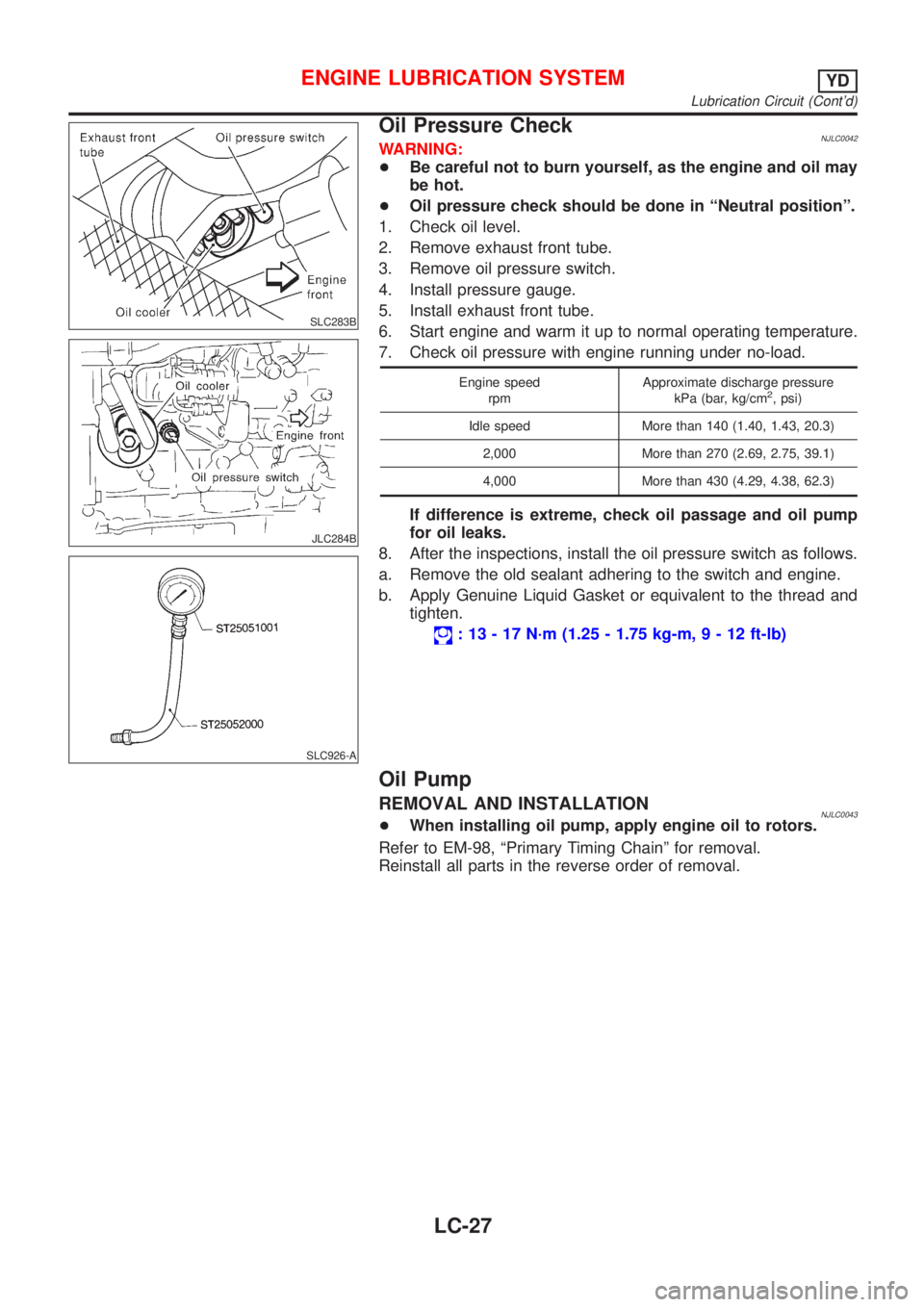 NISSAN ALMERA N16 2001 Electronic Repair Manual SLC283B
JLC284B
SLC926-A
Oil Pressure CheckNJLC0042WARNING:
+Be careful not to burn yourself, as the engine and oil may
be hot.
+Oil pressure check should be done in ªNeutral positionº.
1. Check oil NISSAN ALMERA N16 2001 Electronic Repair Manual SLC283B
JLC284B
SLC926-A
Oil Pressure CheckNJLC0042WARNING:
+Be careful not to burn yourself, as the engine and oil may
be hot.
+Oil pressure check should be done in ªNeutral positionº.
1. Check oil
