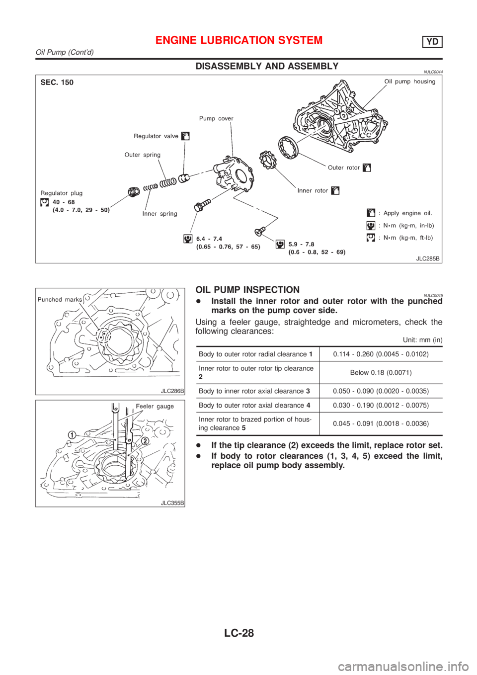 NISSAN ALMERA N16 2001 Electronic Repair Manual DISASSEMBLY AND ASSEMBLYNJLC0044
JLC285B
JLC286B
JLC355B
OIL PUMP INSPECTIONNJLC0045+Install the inner rotor and outer rotor with the punched
marks on the pump cover side.
Using a feeler gauge, straig NISSAN ALMERA N16 2001 Electronic Repair Manual DISASSEMBLY AND ASSEMBLYNJLC0044
JLC285B
JLC286B
JLC355B
OIL PUMP INSPECTIONNJLC0045+Install the inner rotor and outer rotor with the punched
marks on the pump cover side.
Using a feeler gauge, straig