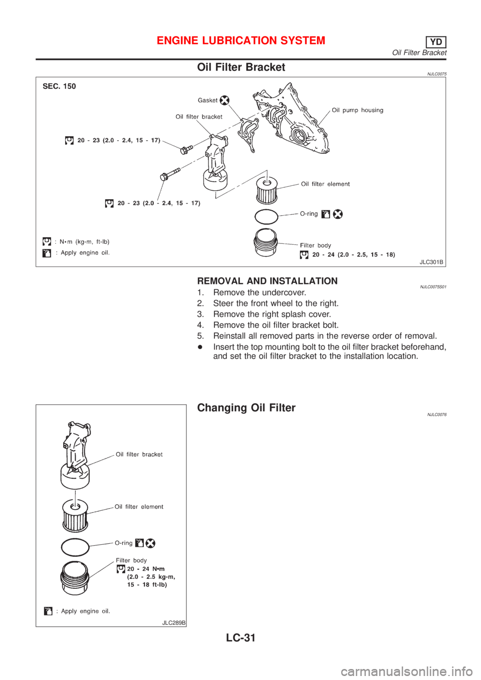 NISSAN ALMERA N16 2001 Electronic Repair Manual Oil Filter BracketNJLC0075
JLC301B
REMOVAL AND INSTALLATIONNJLC0075S011. Remove the undercover.
2. Steer the front wheel to the right.
3. Remove the right splash cover.
4. Remove the oil filter bracke NISSAN ALMERA N16 2001 Electronic Repair Manual Oil Filter BracketNJLC0075
JLC301B
REMOVAL AND INSTALLATIONNJLC0075S011. Remove the undercover.
2. Steer the front wheel to the right.
3. Remove the right splash cover.
4. Remove the oil filter bracke