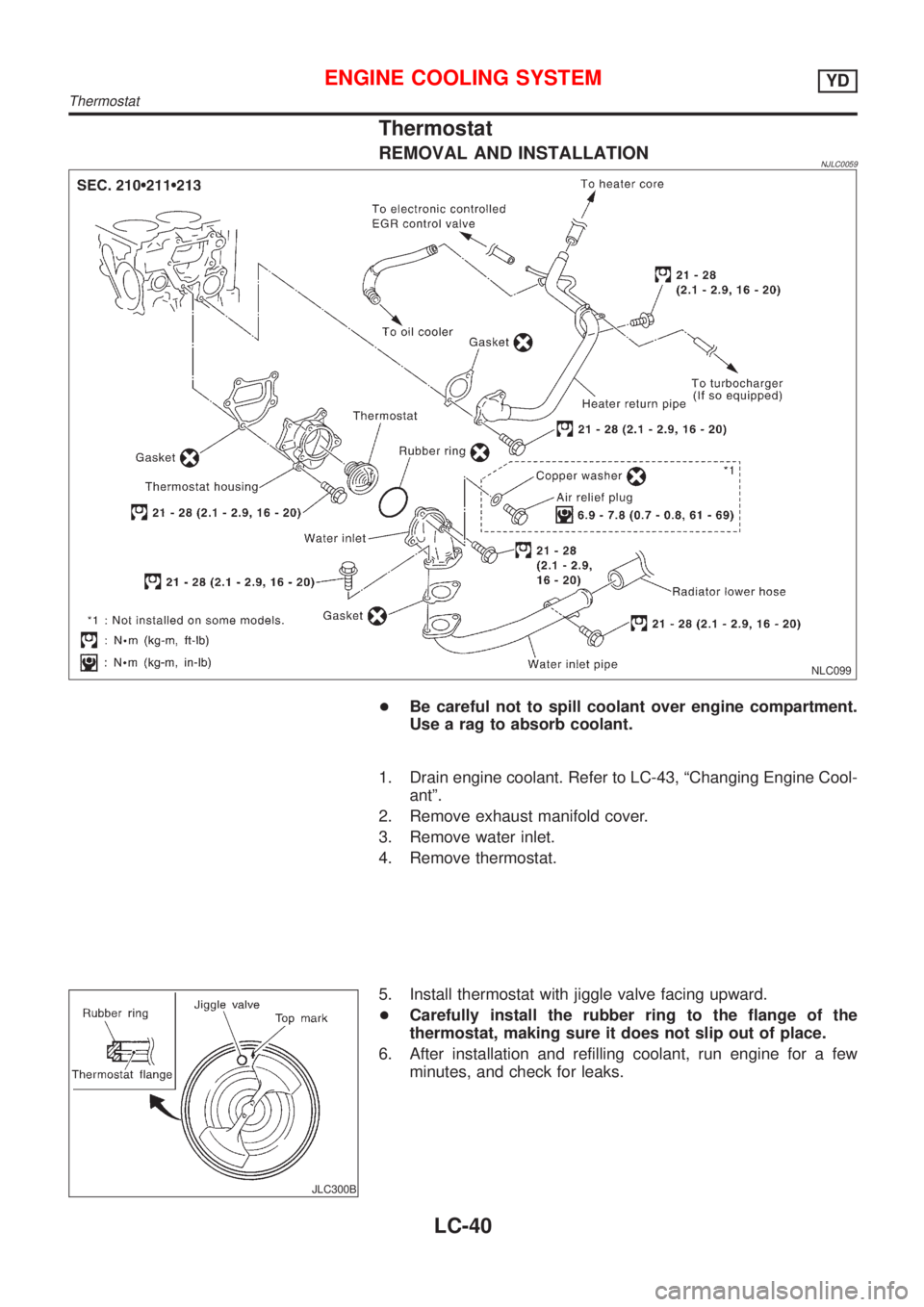NISSAN ALMERA N16 2001 Electronic Repair Manual Thermostat
REMOVAL AND INSTALLATIONNJLC0059
NLC099
+Be careful not to spill coolant over engine compartment.
Use a rag to absorb coolant.
1. Drain engine coolant. Refer to LC-43, ªChanging Engine Coo NISSAN ALMERA N16 2001 Electronic Repair Manual Thermostat
REMOVAL AND INSTALLATIONNJLC0059
NLC099
+Be careful not to spill coolant over engine compartment.
Use a rag to absorb coolant.
1. Drain engine coolant. Refer to LC-43, ªChanging Engine Coo