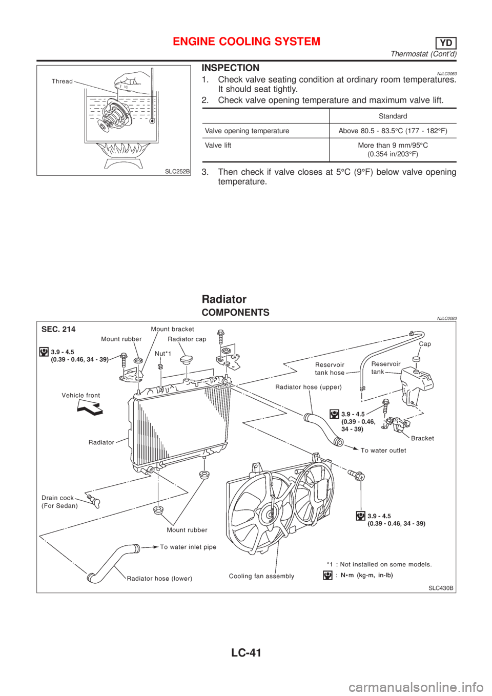NISSAN ALMERA N16 2001 Electronic Repair Manual SLC252B
INSPECTIONNJLC00601. Check valve seating condition at ordinary room temperatures.
It should seat tightly.
2. Check valve opening temperature and maximum valve lift.
Standard
Valve opening temp NISSAN ALMERA N16 2001 Electronic Repair Manual SLC252B
INSPECTIONNJLC00601. Check valve seating condition at ordinary room temperatures.
It should seat tightly.
2. Check valve opening temperature and maximum valve lift.
Standard
Valve opening temp