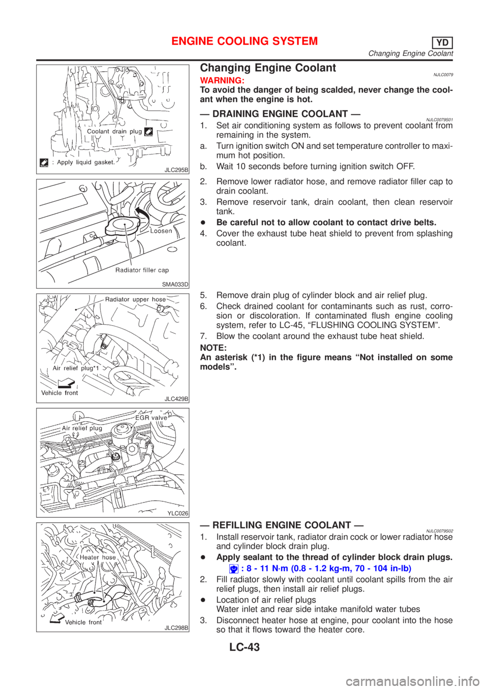 NISSAN ALMERA N16 2001 Electronic Repair Manual JLC295B
Changing Engine CoolantNJLC0079WARNING:
To avoid the danger of being scalded, never change the cool-
ant when the engine is hot.
Ð DRAINING ENGINE COOLANT ÐNJLC0079S011. Set air conditioning NISSAN ALMERA N16 2001 Electronic Repair Manual JLC295B
Changing Engine CoolantNJLC0079WARNING:
To avoid the danger of being scalded, never change the cool-
ant when the engine is hot.
Ð DRAINING ENGINE COOLANT ÐNJLC0079S011. Set air conditioning