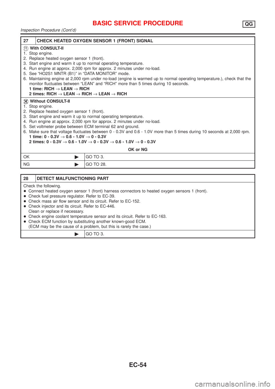 NISSAN ALMERA N16 2001  Electronic Repair Manual 27 CHECK HEATED OXYGEN SENSOR 1 (FRONT) SIGNAL
With CONSULT-II
1. Stop engine.
2. Replace heated oxygen sensor 1 (front).
3. Start engine and warm it up to normal operating temperature.
4. Run engine 