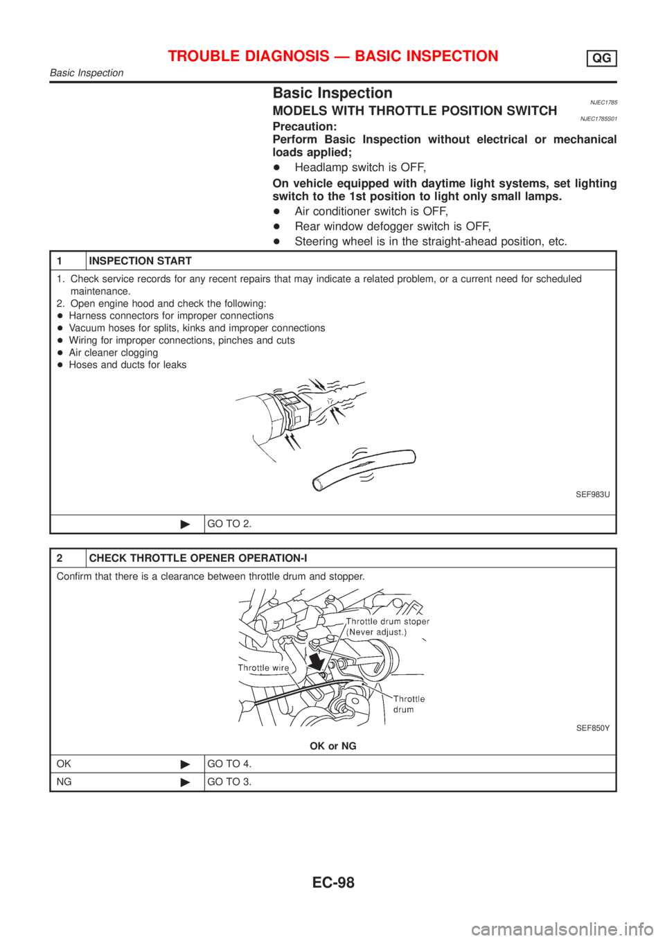 NISSAN ALMERA N16 2001 Electronic Repair Manual Basic InspectionNJEC1785MODELS WITH THROTTLE POSITION SWITCHNJEC1785S01Precaution:
Perform Basic Inspection without electrical or mechanical
loads applied;
+Headlamp switch is OFF,
On vehicle equipped NISSAN ALMERA N16 2001 Electronic Repair Manual Basic InspectionNJEC1785MODELS WITH THROTTLE POSITION SWITCHNJEC1785S01Precaution:
Perform Basic Inspection without electrical or mechanical
loads applied;
+Headlamp switch is OFF,
On vehicle equipped