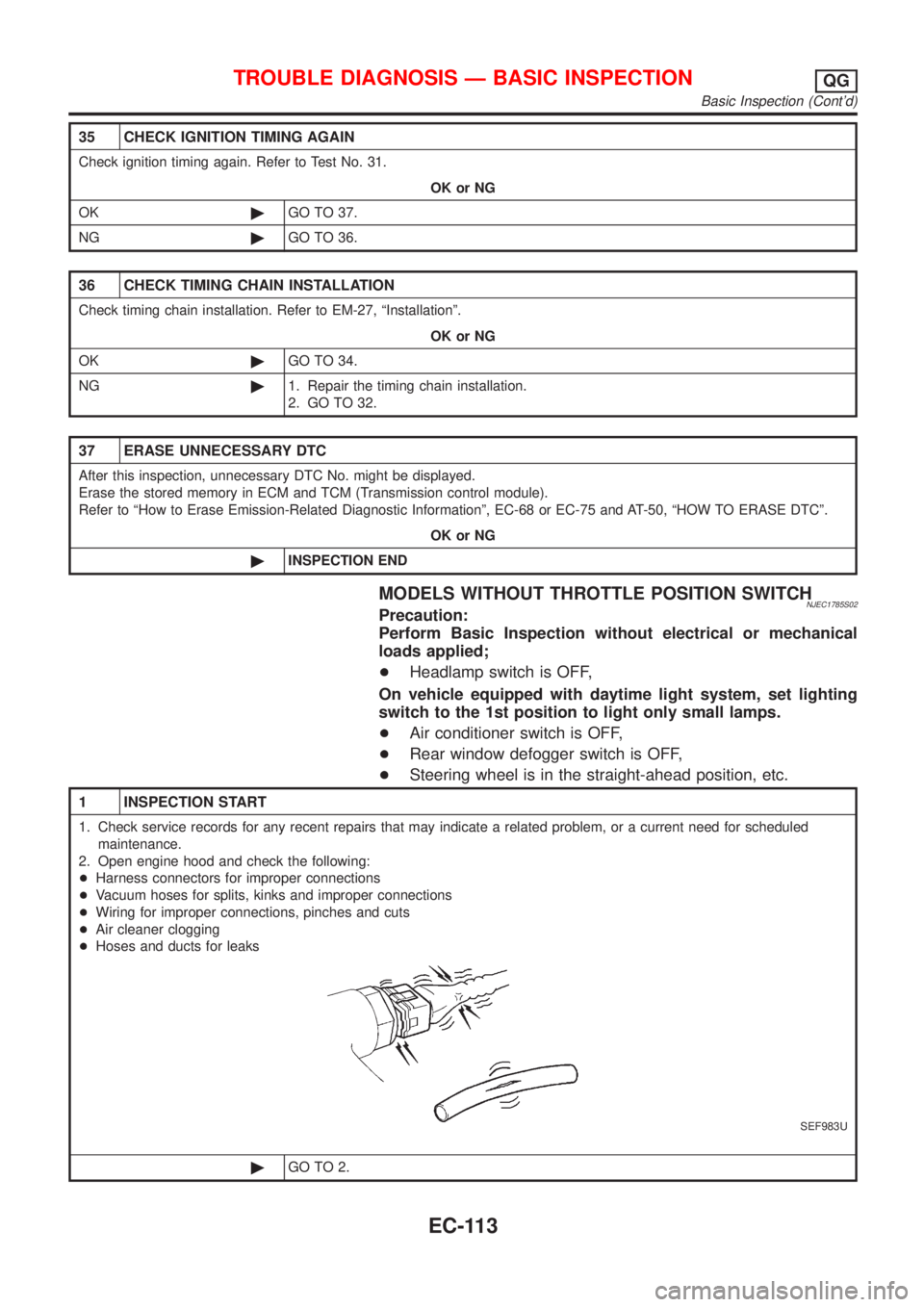NISSAN ALMERA N16 2001 Electronic Repair Manual 35 CHECK IGNITION TIMING AGAIN
Check ignition timing again. Refer to Test No. 31.
OK or NG
OK©GO TO 37.
NG©GO TO 36.
36 CHECK TIMING CHAIN INSTALLATION
Check timing chain installation. Refer to EM-2 NISSAN ALMERA N16 2001 Electronic Repair Manual 35 CHECK IGNITION TIMING AGAIN
Check ignition timing again. Refer to Test No. 31.
OK or NG
OK©GO TO 37.
NG©GO TO 36.
36 CHECK TIMING CHAIN INSTALLATION
Check timing chain installation. Refer to EM-2