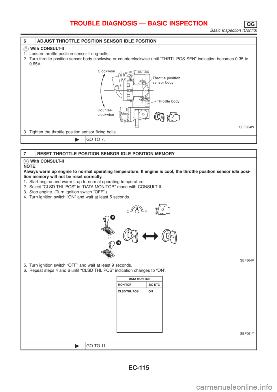 NISSAN ALMERA N16 2001 Electronic Repair Manual 6 ADJUST THROTTLE POSITION SENSOR IDLE POSITION
With CONSULT-II
1. Loosen throttle position sensor fixing bolts.
2. Turn throttle position sensor body clockwise or counterclockwise until ªTHRTL POS S NISSAN ALMERA N16 2001 Electronic Repair Manual 6 ADJUST THROTTLE POSITION SENSOR IDLE POSITION
With CONSULT-II
1. Loosen throttle position sensor fixing bolts.
2. Turn throttle position sensor body clockwise or counterclockwise until ªTHRTL POS S