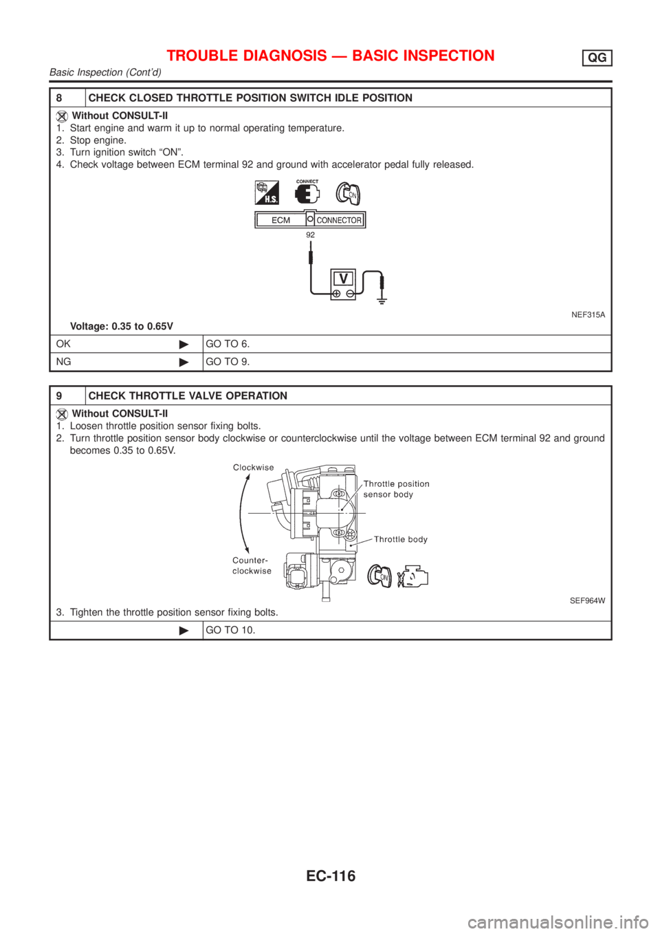 NISSAN ALMERA N16 2001 Electronic Repair Manual 8 CHECK CLOSED THROTTLE POSITION SWITCH IDLE POSITION
Without CONSULT-II
1. Start engine and warm it up to normal operating temperature.
2. Stop engine.
3. Turn ignition switch ªONº.
4. Check voltag NISSAN ALMERA N16 2001 Electronic Repair Manual 8 CHECK CLOSED THROTTLE POSITION SWITCH IDLE POSITION
Without CONSULT-II
1. Start engine and warm it up to normal operating temperature.
2. Stop engine.
3. Turn ignition switch ªONº.
4. Check voltag