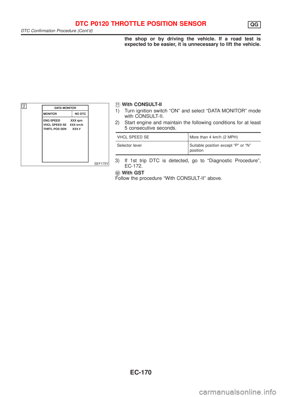 NISSAN ALMERA N16 2001 Electronic Repair Manual the shop or by driving the vehicle. If a road test is
expected to be easier, it is unnecessary to lift the vehicle.
SEF175Y
With CONSULT-II
1) Turn ignition switch ªONº and select ªDATA MONITORº m NISSAN ALMERA N16 2001 Electronic Repair Manual the shop or by driving the vehicle. If a road test is
expected to be easier, it is unnecessary to lift the vehicle.
SEF175Y
With CONSULT-II
1) Turn ignition switch ªONº and select ªDATA MONITORº m