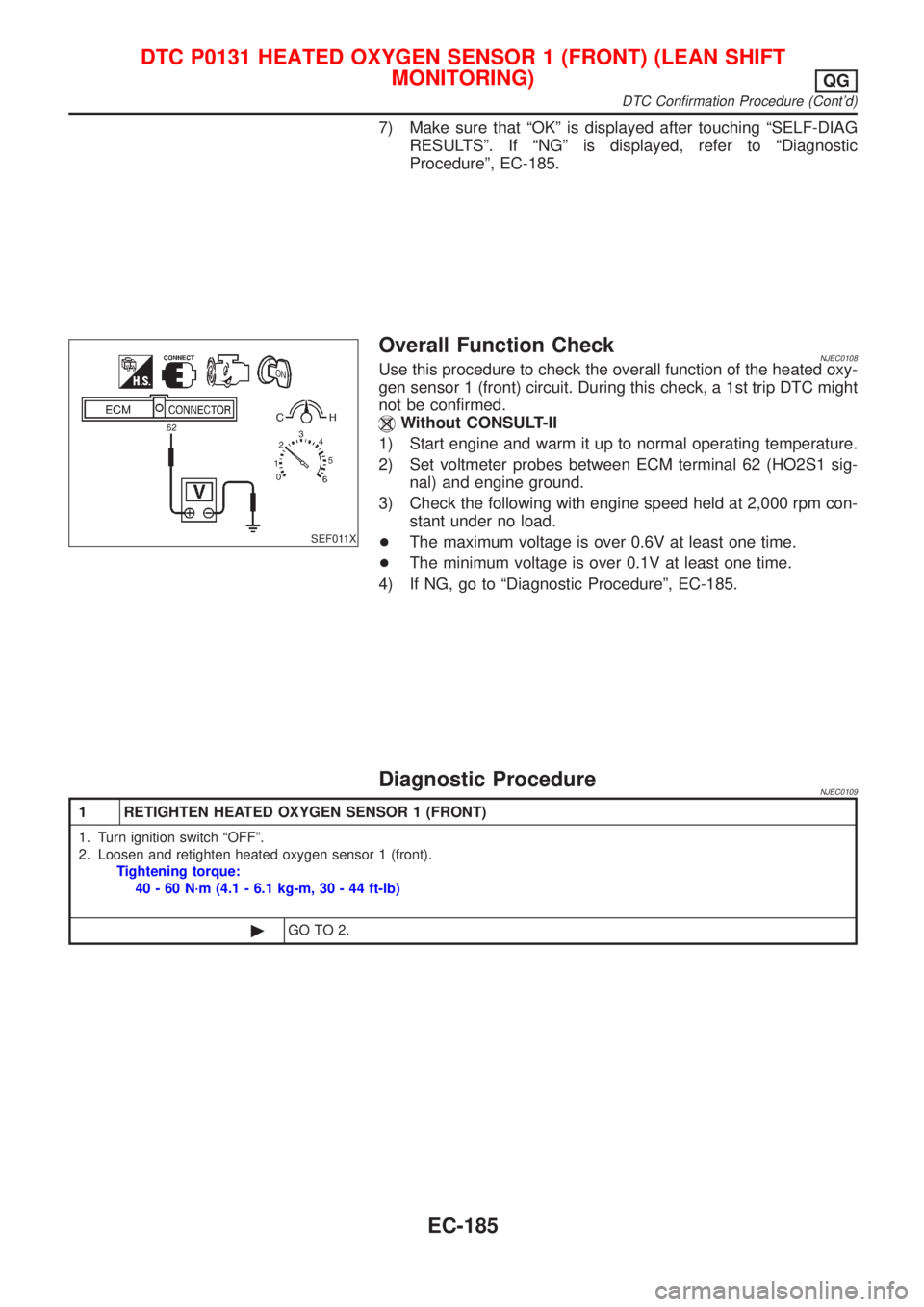 NISSAN ALMERA N16 2001 Electronic Repair Manual 7) Make sure that ªOKº is displayed after touching ªSELF-DIAG
RESULTSº. If ªNGº is displayed, refer to ªDiagnostic
Procedureº, EC-185.
SEF011X
Overall Function CheckNJEC0108Use this procedure NISSAN ALMERA N16 2001 Electronic Repair Manual 7) Make sure that ªOKº is displayed after touching ªSELF-DIAG
RESULTSº. If ªNGº is displayed, refer to ªDiagnostic
Procedureº, EC-185.
SEF011X
Overall Function CheckNJEC0108Use this procedure
