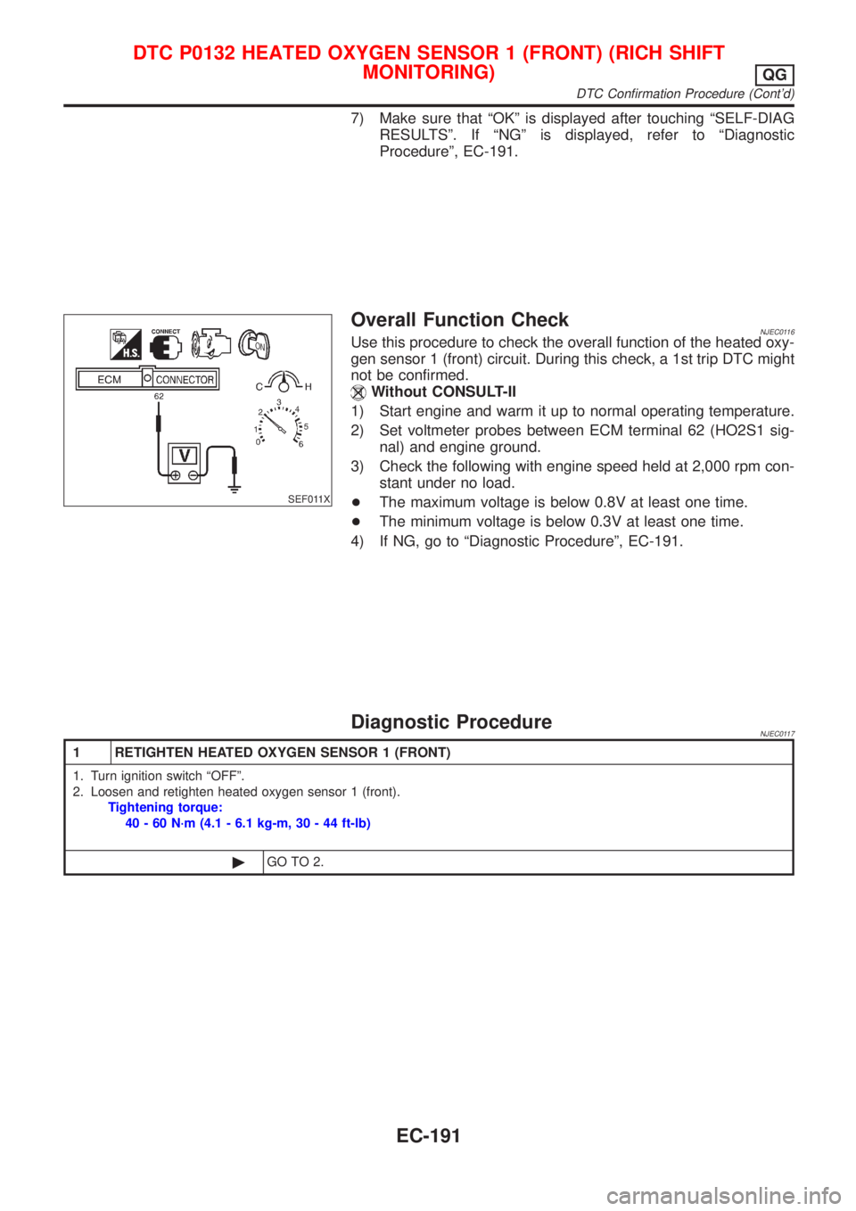 NISSAN ALMERA N16 2001 Electronic Repair Manual 7) Make sure that ªOKº is displayed after touching ªSELF-DIAG
RESULTSº. If ªNGº is displayed, refer to ªDiagnostic
Procedureº, EC-191.
SEF011X
Overall Function CheckNJEC0116Use this procedure NISSAN ALMERA N16 2001 Electronic Repair Manual 7) Make sure that ªOKº is displayed after touching ªSELF-DIAG
RESULTSº. If ªNGº is displayed, refer to ªDiagnostic
Procedureº, EC-191.
SEF011X
Overall Function CheckNJEC0116Use this procedure
