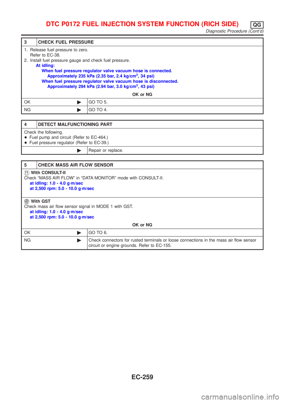 NISSAN ALMERA N16 2001 Electronic Repair Manual 3 CHECK FUEL PRESSURE
1. Release fuel pressure to zero.
Refer to EC-38.
2. Install fuel pressure gauge and check fuel pressure.
At idling:
When fuel pressure regulator valve vacuum hose is connected.
NISSAN ALMERA N16 2001 Electronic Repair Manual 3 CHECK FUEL PRESSURE
1. Release fuel pressure to zero.
Refer to EC-38.
2. Install fuel pressure gauge and check fuel pressure.
At idling:
When fuel pressure regulator valve vacuum hose is connected.