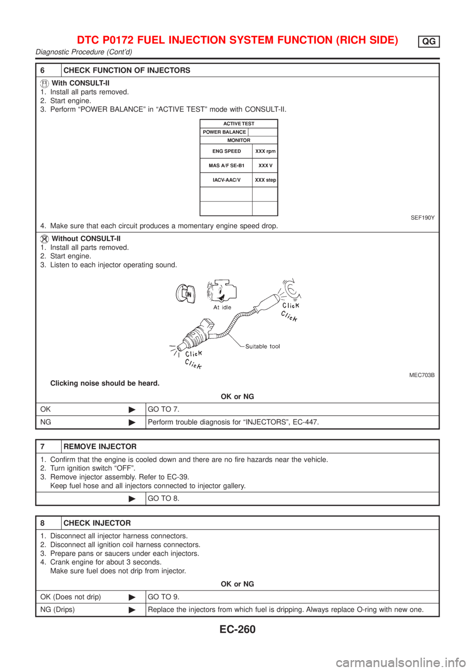 NISSAN ALMERA N16 2001 Electronic Repair Manual 6 CHECK FUNCTION OF INJECTORS
With CONSULT-II
1. Install all parts removed.
2. Start engine.
3. Perform ªPOWER BALANCEº in ªACTIVE TESTº mode with CONSULT-II.
SEF190Y
4. Make sure that each circui NISSAN ALMERA N16 2001 Electronic Repair Manual 6 CHECK FUNCTION OF INJECTORS
With CONSULT-II
1. Install all parts removed.
2. Start engine.
3. Perform ªPOWER BALANCEº in ªACTIVE TESTº mode with CONSULT-II.
SEF190Y
4. Make sure that each circui