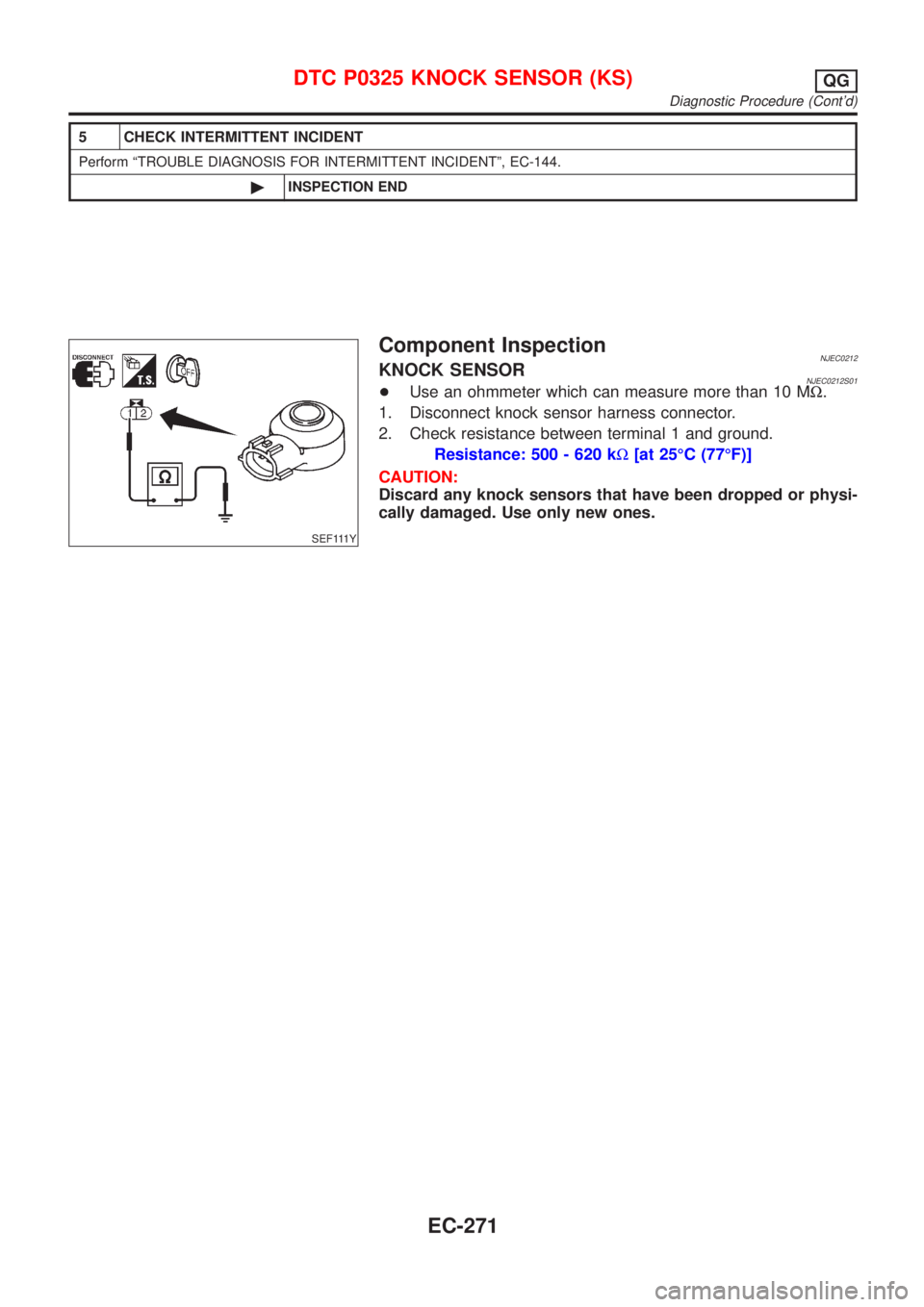 NISSAN ALMERA N16 2001 Electronic Repair Manual 5 CHECK INTERMITTENT INCIDENT
Perform ªTROUBLE DIAGNOSIS FOR INTERMITTENT INCIDENTº, EC-144.
©INSPECTION END
SEF111Y
Component InspectionNJEC0212KNOCK SENSORNJEC0212S01+Use an ohmmeter which can me NISSAN ALMERA N16 2001 Electronic Repair Manual 5 CHECK INTERMITTENT INCIDENT
Perform ªTROUBLE DIAGNOSIS FOR INTERMITTENT INCIDENTº, EC-144.
©INSPECTION END
SEF111Y
Component InspectionNJEC0212KNOCK SENSORNJEC0212S01+Use an ohmmeter which can me