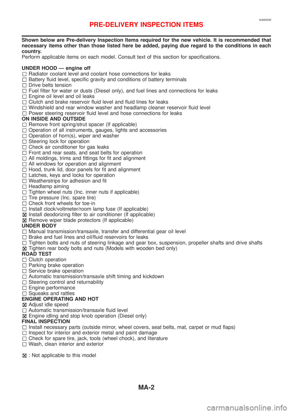 NISSAN ALMERA N16 2001  Electronic Workshop Manual NJMA0036
Shown below are Pre-delivery Inspection Items required for the new vehicle. It is recommended that
necessary items other than those listed here be added, paying due regard to the conditions i