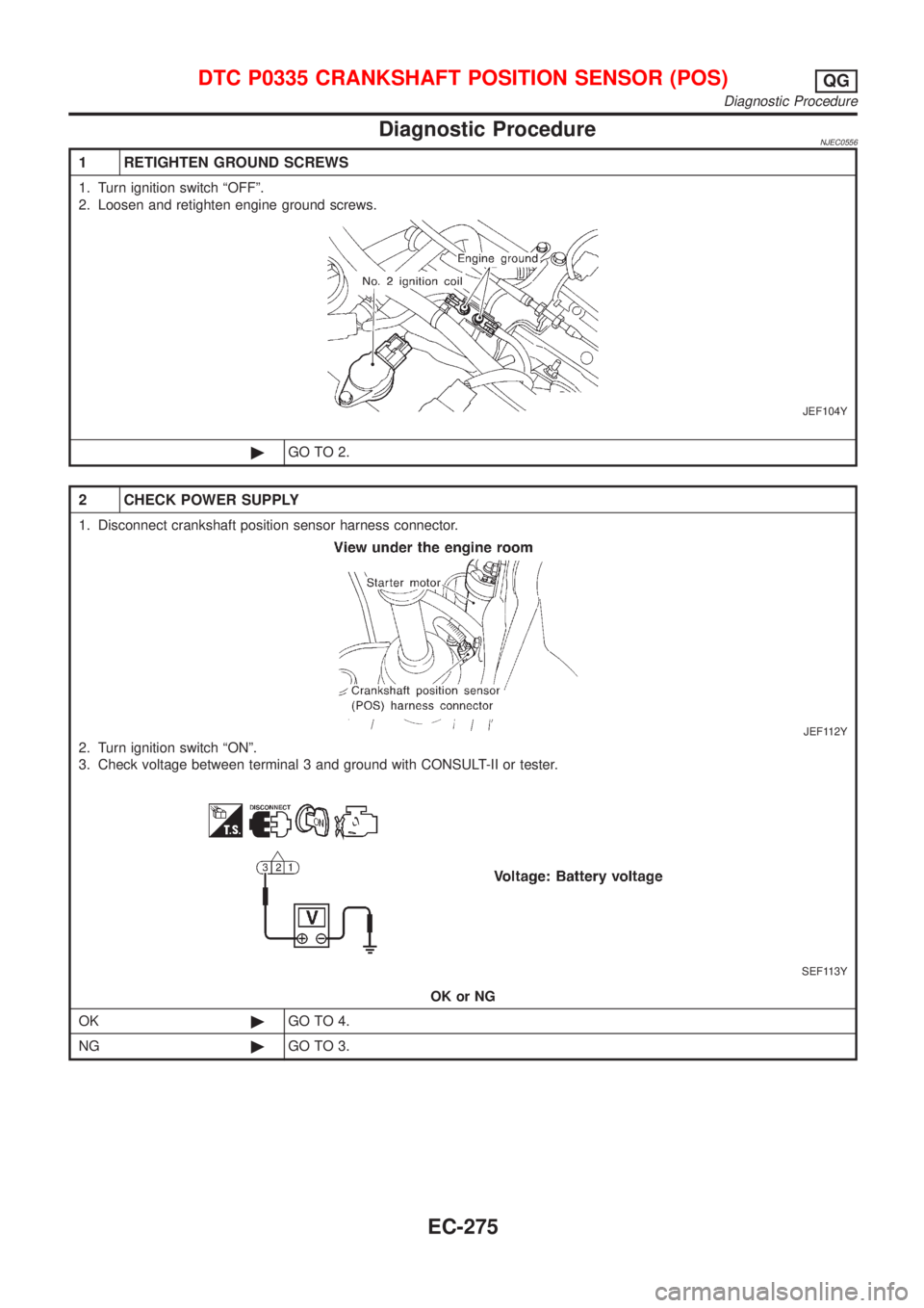 NISSAN ALMERA N16 2001 Electronic Repair Manual Diagnostic ProcedureNJEC0556
1 RETIGHTEN GROUND SCREWS
1. Turn ignition switch ªOFFº.
2. Loosen and retighten engine ground screws.
JEF104Y
©GO TO 2.
2 CHECK POWER SUPPLY
1. Disconnect crankshaft p NISSAN ALMERA N16 2001 Electronic Repair Manual Diagnostic ProcedureNJEC0556
1 RETIGHTEN GROUND SCREWS
1. Turn ignition switch ªOFFº.
2. Loosen and retighten engine ground screws.
JEF104Y
©GO TO 2.
2 CHECK POWER SUPPLY
1. Disconnect crankshaft p
