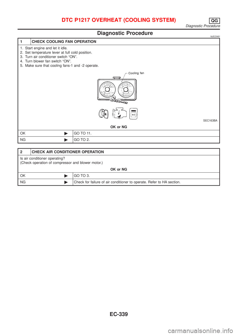 NISSAN ALMERA N16 2001 Electronic Repair Manual Diagnostic ProcedureNJEC0491
1 CHECK COOLING FAN OPERATION
1. Start engine and let it idle.
2. Set temperature lever at full cold position.
3. Turn air conditioner switch ªONº.
4. Turn blower fan sw NISSAN ALMERA N16 2001 Electronic Repair Manual Diagnostic ProcedureNJEC0491
1 CHECK COOLING FAN OPERATION
1. Start engine and let it idle.
2. Set temperature lever at full cold position.
3. Turn air conditioner switch ªONº.
4. Turn blower fan sw
