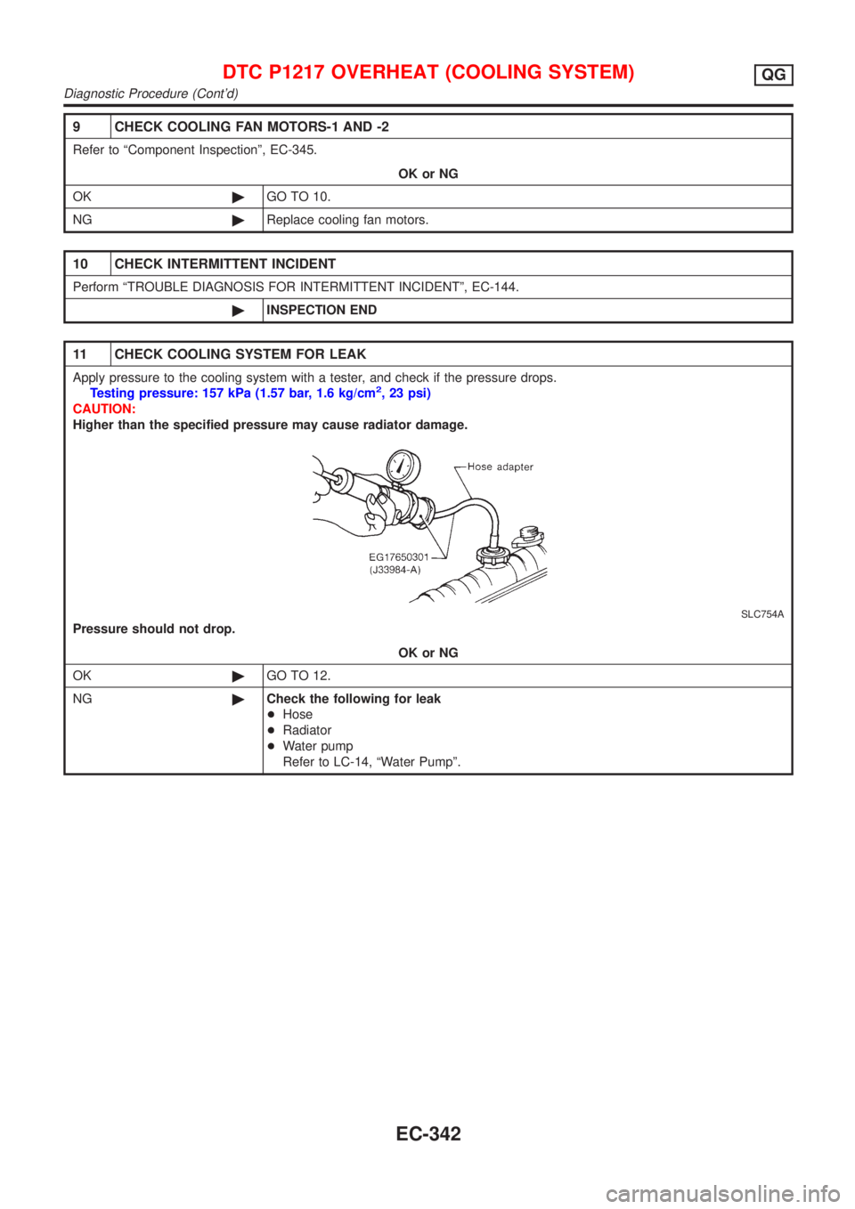 NISSAN ALMERA N16 2001 Electronic Repair Manual 9 CHECK COOLING FAN MOTORS-1 AND -2
Refer to ªComponent Inspectionº, EC-345.
OK or NG
OK©GO TO 10.
NG©Replace cooling fan motors.
10 CHECK INTERMITTENT INCIDENT
Perform ªTROUBLE DIAGNOSIS FOR INT NISSAN ALMERA N16 2001 Electronic Repair Manual 9 CHECK COOLING FAN MOTORS-1 AND -2
Refer to ªComponent Inspectionº, EC-345.
OK or NG
OK©GO TO 10.
NG©Replace cooling fan motors.
10 CHECK INTERMITTENT INCIDENT
Perform ªTROUBLE DIAGNOSIS FOR INT