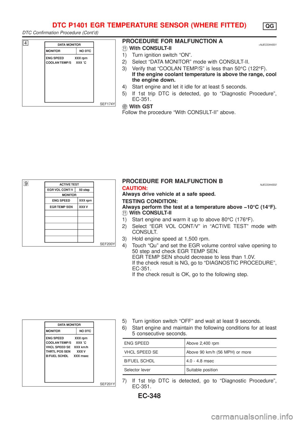 NISSAN ALMERA N16 2001 Electronic Repair Manual SEF174Y
PROCEDURE FOR MALFUNCTION A=NJEC0344S01With CONSULT-II
1) Turn ignition switch ªONº.
2) Select ªDATA MONITORº mode with CONSULT-II.
3) Verify that ªCOOLAN TEMP/Sº is less than 50ÉC (122 NISSAN ALMERA N16 2001 Electronic Repair Manual SEF174Y
PROCEDURE FOR MALFUNCTION A=NJEC0344S01With CONSULT-II
1) Turn ignition switch ªONº.
2) Select ªDATA MONITORº mode with CONSULT-II.
3) Verify that ªCOOLAN TEMP/Sº is less than 50ÉC (122