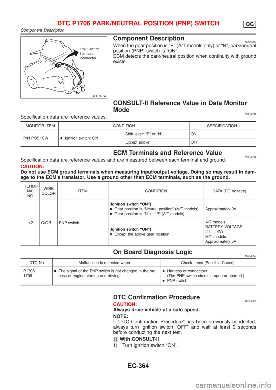 NISSAN ALMERA N16 2001 Electronic Repair Manual SEF740W
Component DescriptionNJEC0424When the gear position is ªPº (A/T models only) or ªNº, park/neutral
position (PNP) switch is ªONº.
ECM detects the park/neutral position when continuity wit NISSAN ALMERA N16 2001 Electronic Repair Manual SEF740W
Component DescriptionNJEC0424When the gear position is ªPº (A/T models only) or ªNº, park/neutral
position (PNP) switch is ªONº.
ECM detects the park/neutral position when continuity wit