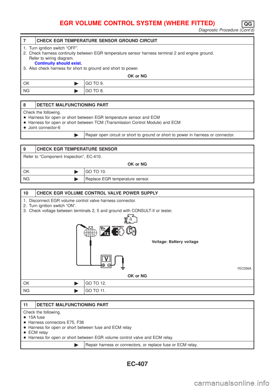 NISSAN ALMERA N16 2001 Electronic Repair Manual 7 CHECK EGR TEMPERATURE SENSOR GROUND CIRCUIT
1. Turn ignition switch ªOFFº.
2. Check harness continuity between EGR temperature sensor harness terminal 2 and engine ground.
Refer to wiring diagram. NISSAN ALMERA N16 2001 Electronic Repair Manual 7 CHECK EGR TEMPERATURE SENSOR GROUND CIRCUIT
1. Turn ignition switch ªOFFº.
2. Check harness continuity between EGR temperature sensor harness terminal 2 and engine ground.
Refer to wiring diagram.