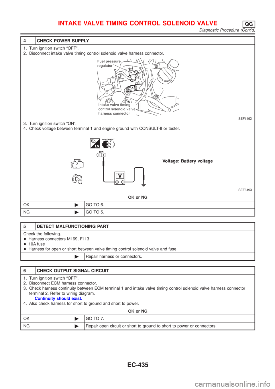 NISSAN ALMERA N16 2001  Electronic Repair Manual 4 CHECK POWER SUPPLY
1. Turn ignition switch ªOFFº.
2. Disconnect intake valve timing control solenoid valve harness connector.
SEF149X
3. Turn ignition switch ªONº.
4. Check voltage between termi