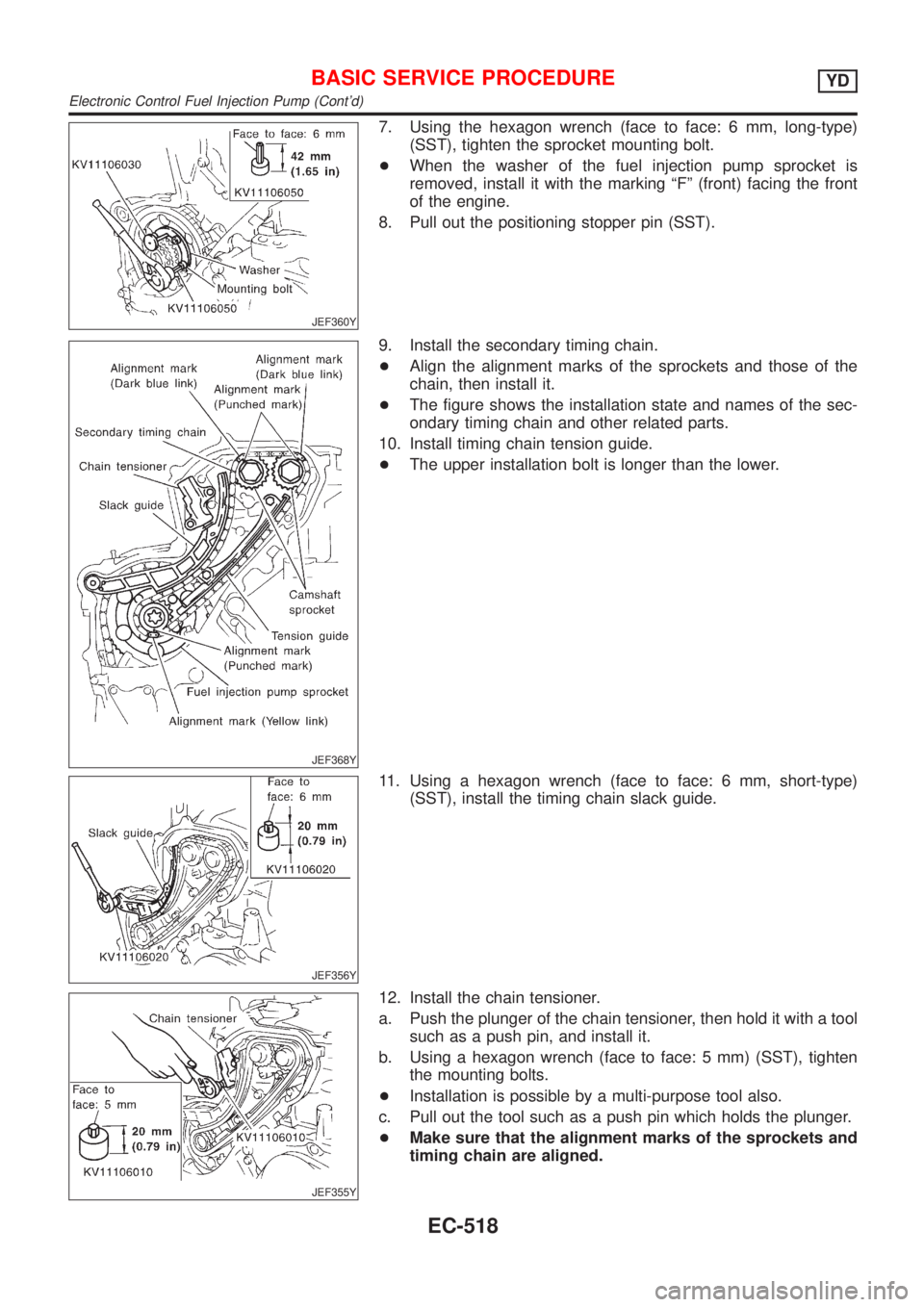 NISSAN ALMERA N16 2001  Electronic Repair Manual JEF360Y
7. Using the hexagon wrench (face to face: 6 mm, long-type)
(SST), tighten the sprocket mounting bolt.
+When the washer of the fuel injection pump sprocket is
removed, install it with the mark