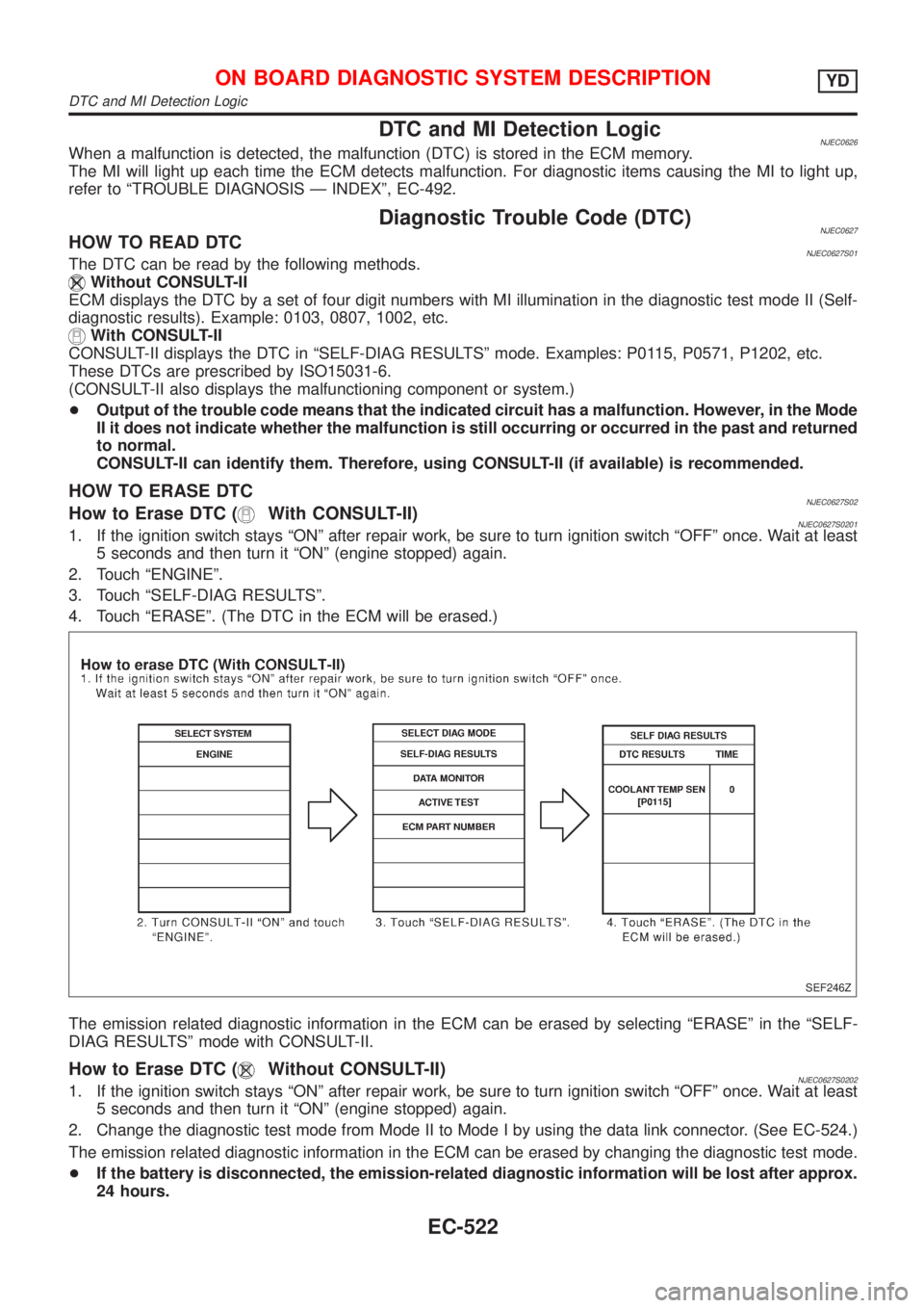 NISSAN ALMERA N16 2001  Electronic Repair Manual DTC and MI Detection LogicNJEC0626When a malfunction is detected, the malfunction (DTC) is stored in the ECM memory.
The MI will light up each time the ECM detects malfunction. For diagnostic items ca
