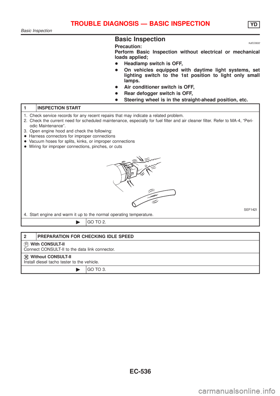 NISSAN ALMERA N16 2001  Electronic Repair Manual Basic InspectionNJEC0632Precaution:
Perform Basic Inspection without electrical or mechanical
loads applied;
+Headlamp switch is OFF,
+On vehicles equipped with daytime light systems, set
lighting swi