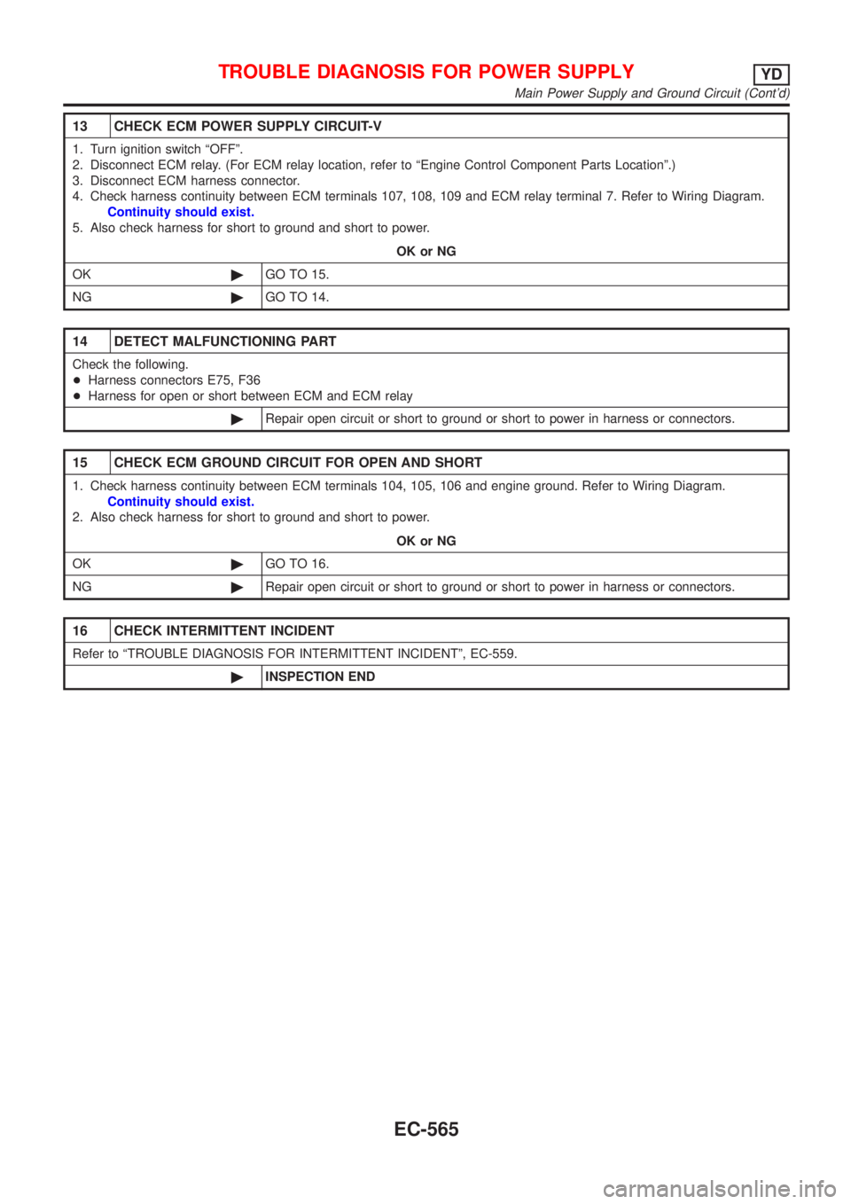 NISSAN ALMERA N16 2001  Electronic Repair Manual 13 CHECK ECM POWER SUPPLY CIRCUIT-V
1. Turn ignition switch ªOFFº.
2. Disconnect ECM relay. (For ECM relay location, refer to ªEngine Control Component Parts Locationº.)
3. Disconnect ECM harness 