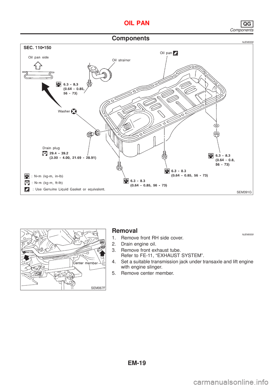 NISSAN ALMERA N16 2001  Electronic Owners Manual ComponentsNJEM0008
SEM391G
SEM067F
RemovalNJEM00091. Remove front RH side cover.
2. Drain engine oil.
3. Remove front exhaust tube.
Refer to FE-11, ªEXHAUST SYSTEMº.
4. Set a suitable transmission j