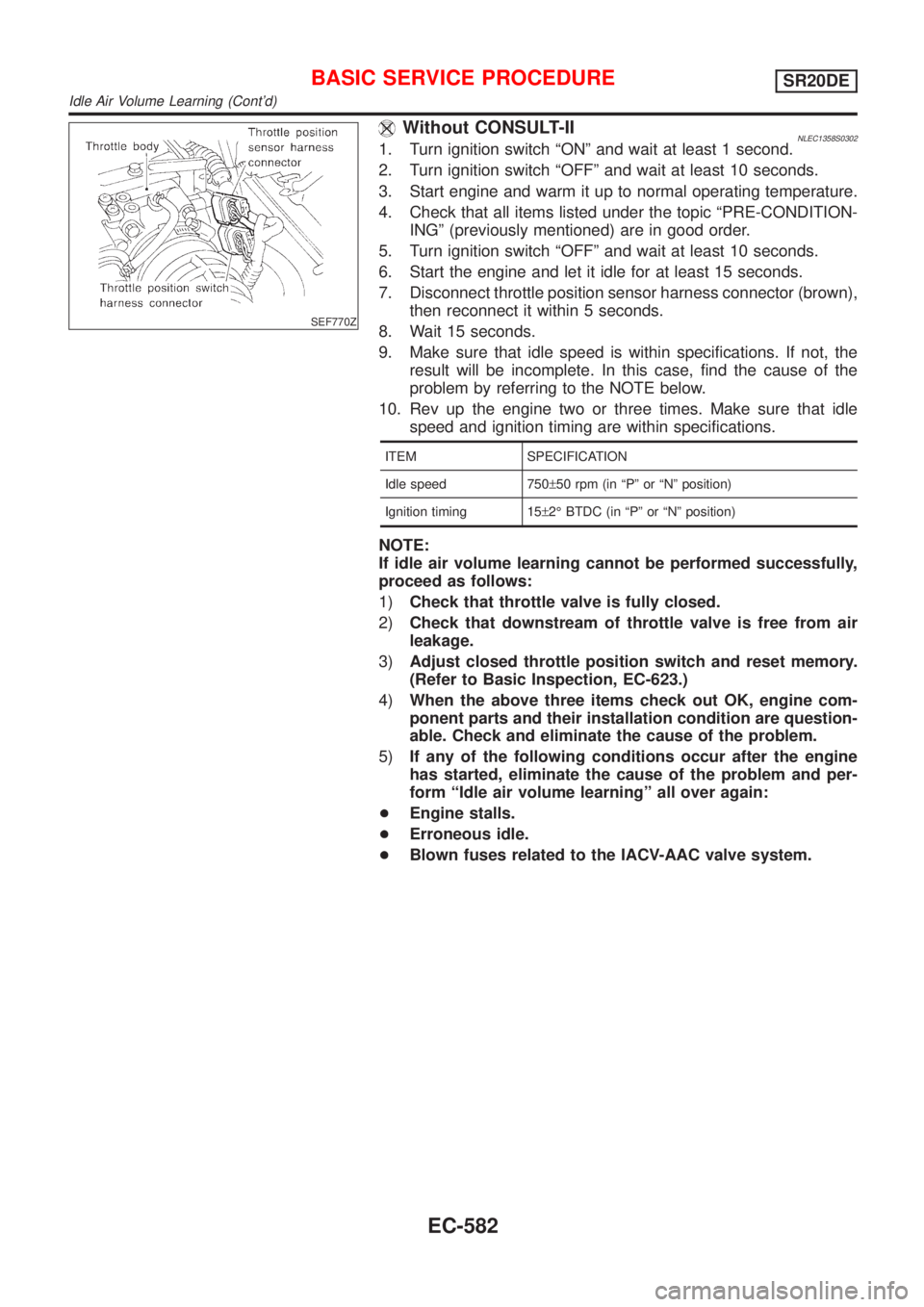 NISSAN ALMERA TINO 2001  Service Repair Manual SEF770Z
Without CONSULT-IINLEC1358S03021. Turn ignition switch ªONº and wait at least 1 second.
2. Turn ignition switch ªOFFº and wait at least 10 seconds.
3. Start engine and warm it up to normal