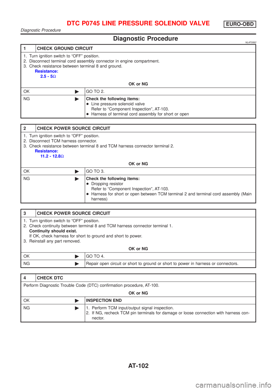 NISSAN ALMERA TINO 2001  Service Repair Manual Diagnostic ProcedureNLAT0062
1 CHECK GROUND CIRCUIT
1. Turn ignition switch to ªOFFº position.
2. Disconnect terminal cord assembly connector in engine compartment.
3. Check resistance between termi