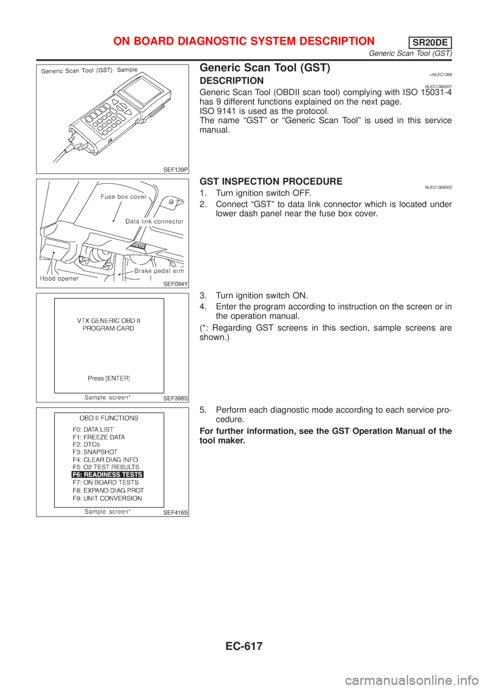 NISSAN ALMERA TINO 2001  Service Repair Manual SEF139P
Generic Scan Tool (GST)=NLEC1366DESCRIPTIONNLEC1366S01Generic Scan Tool (OBDII scan tool) complying with ISO 15031-4
has 9 different functions explained on the next page.
ISO 9141 is used as t