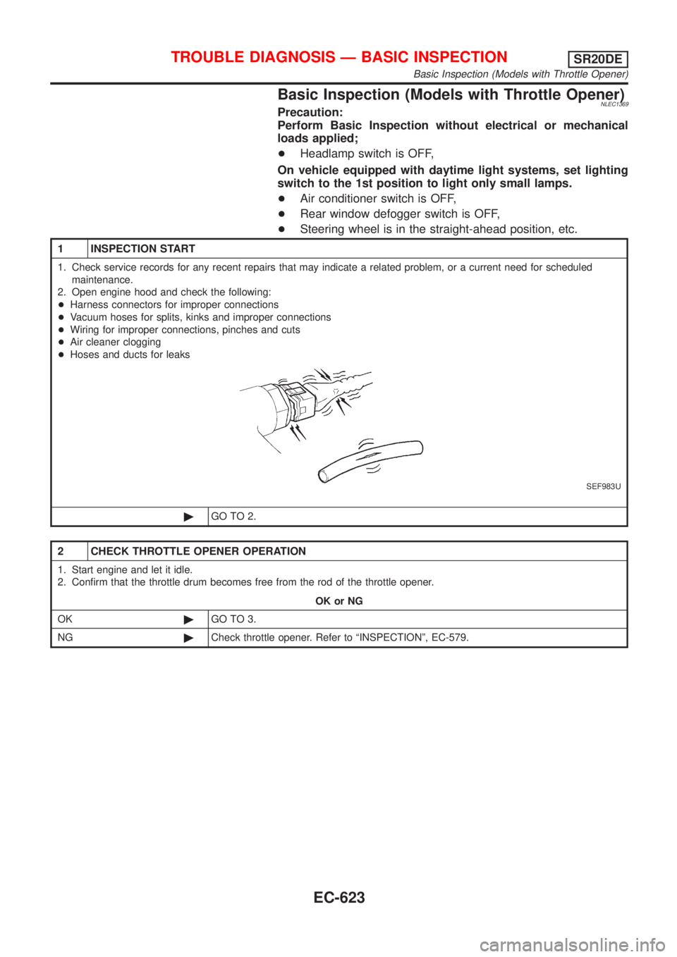 NISSAN ALMERA TINO 2001  Service Repair Manual Basic Inspection (Models with Throttle Opener)NLEC1369Precaution:
Perform Basic Inspection without electrical or mechanical
loads applied;
+Headlamp switch is OFF,
On vehicle equipped with daytime lig
