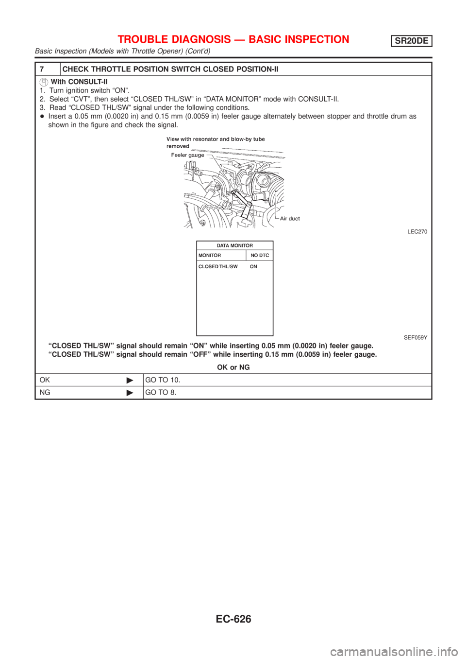 NISSAN ALMERA TINO 2001  Service Repair Manual 7 CHECK THROTTLE POSITION SWITCH CLOSED POSITION-II
With CONSULT-II
1. Turn ignition switch ªONº.
2. Select ªCVTº, then select ªCLOSED THL/SWº in ªDATA MONITORº mode with CONSULT-II.
3. Read 